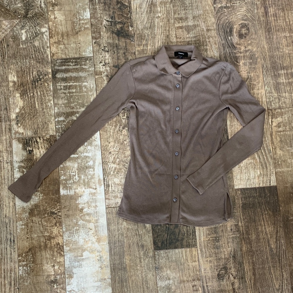 Theory Taupe Button-Down Shirt